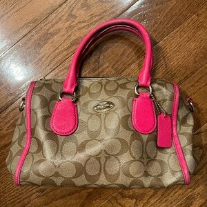 Coach Brown Monogram Satchel with Hot Pink Trim